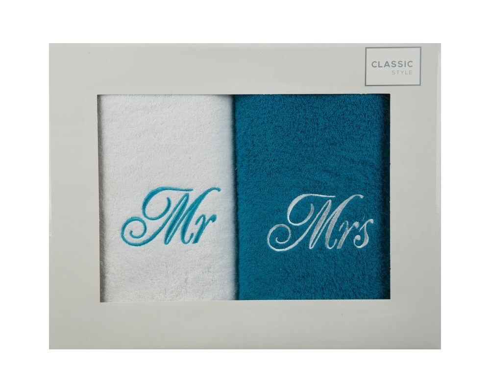 Darčekové balenie uterákov Mr & Mrs – biela, tyrkysová 70 x 140 cm